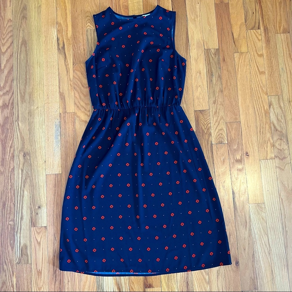 Navy Blue with Red Pattern: Sleeveless A-line dress